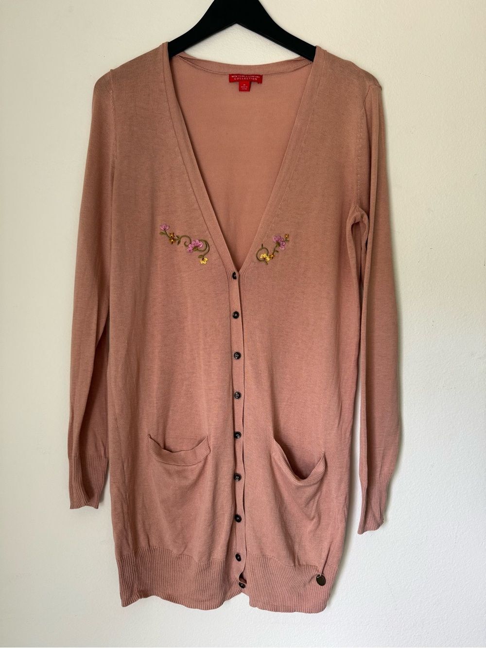 NY&Co Collection Silk Cotton Floral Embroidered Cardigan Mauve Pink M Oversized